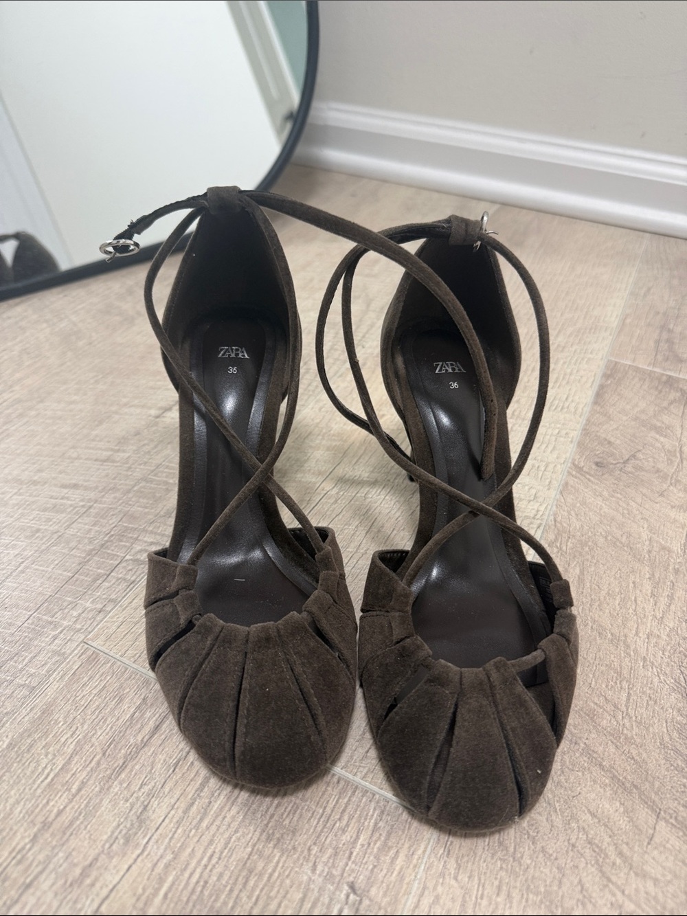 Zara Dark Brown Suede Pleated Ankle Tie Heels